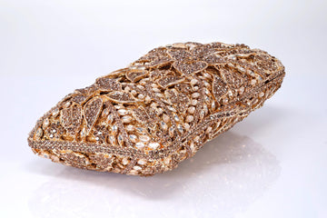 Shinny Golden Bronze Rhinestone Embellished Floral Garden Wedding Clutch, Statement Bag, Evening Wedding Clutch, Cross Body Bag